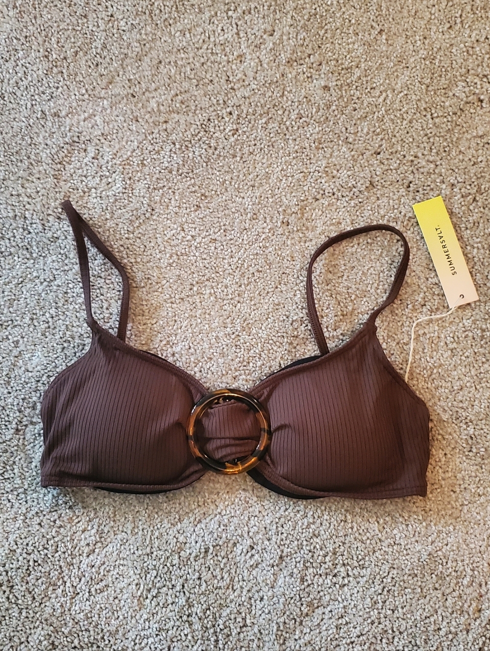 Summersalt Brown Ribbed Bikini Top with Tortoise Ring Size 4 NWT